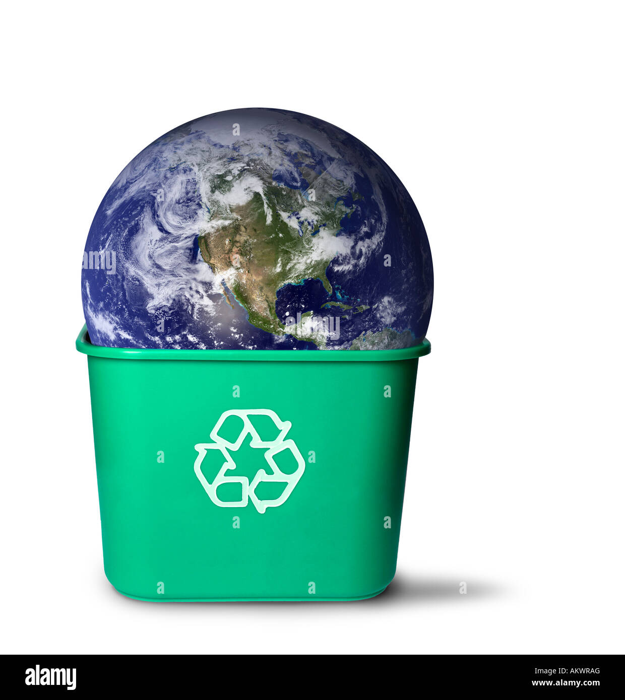 Earth in a recycle bin cut out on white background Stock Photo