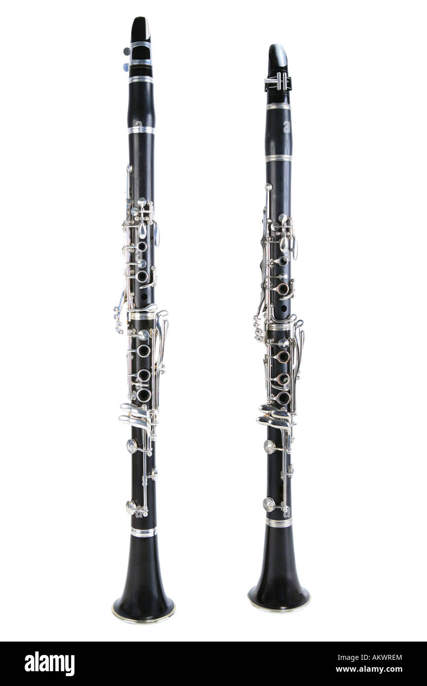 Two clarinets one B flat one in the key of A Isolated on white Stock Photo