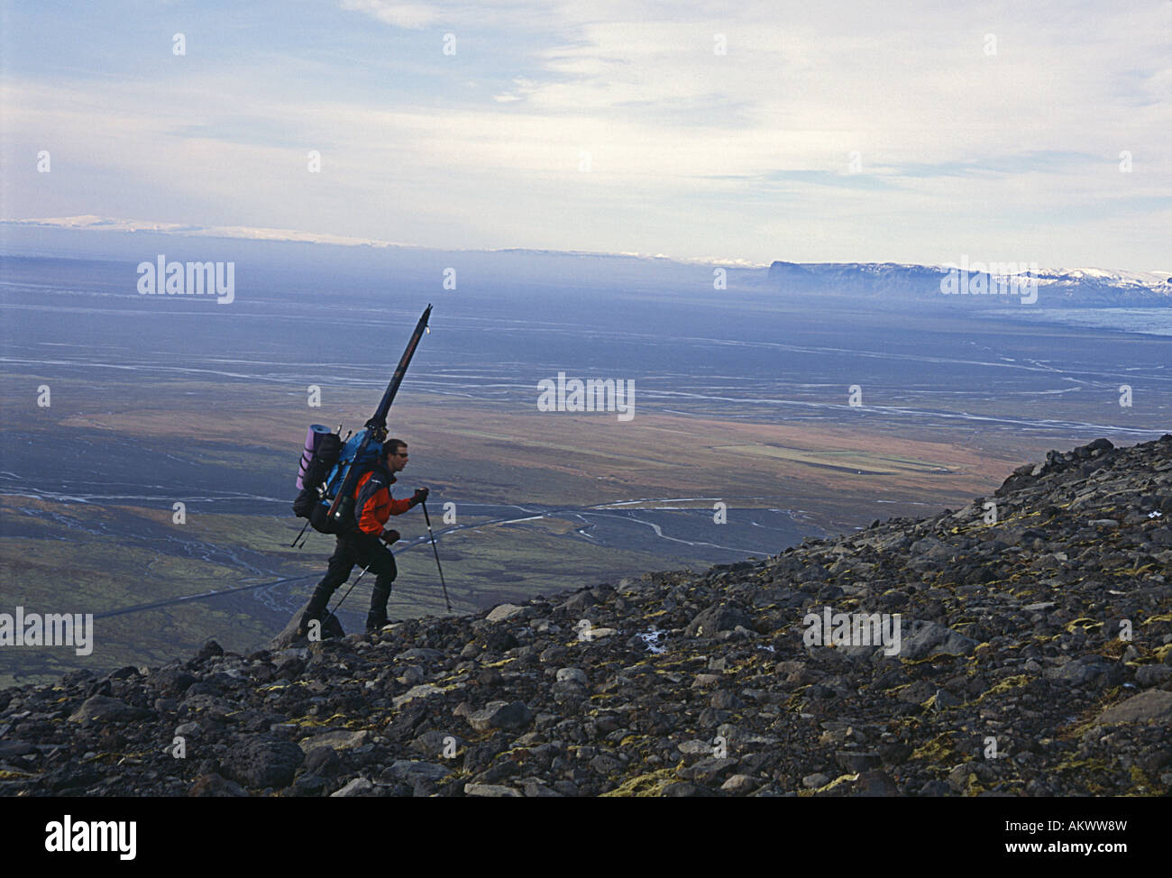 Troy Henkels climbing Mount Hvannadalshnukur which, at 6952 feet (2119 meters), is the highest point in Iceland. Stock Photo