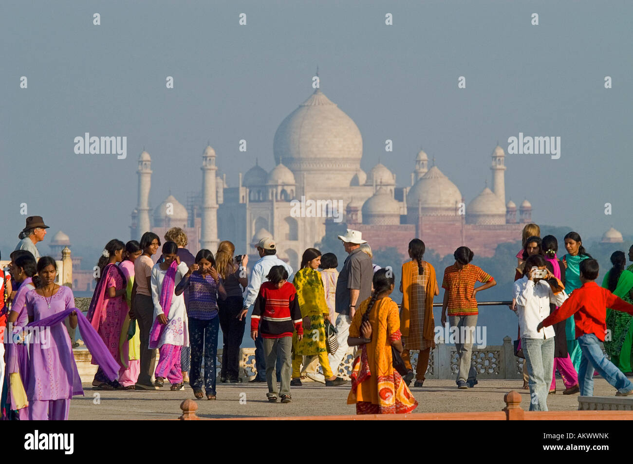 The Taj Mahal rises out of the plains of Uttar Pradesh as viewed from Agra's Red Fort in Agra, Uttar Pradesh, - Stock Image