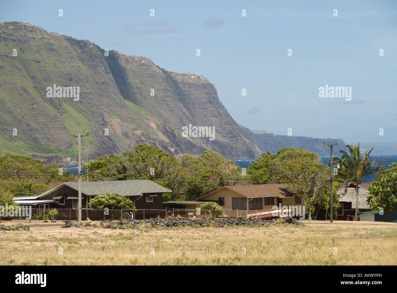 Hawaii Molokai leper colony at Kalaupapa Housing houses outcasts America American cliffs Stock Photo