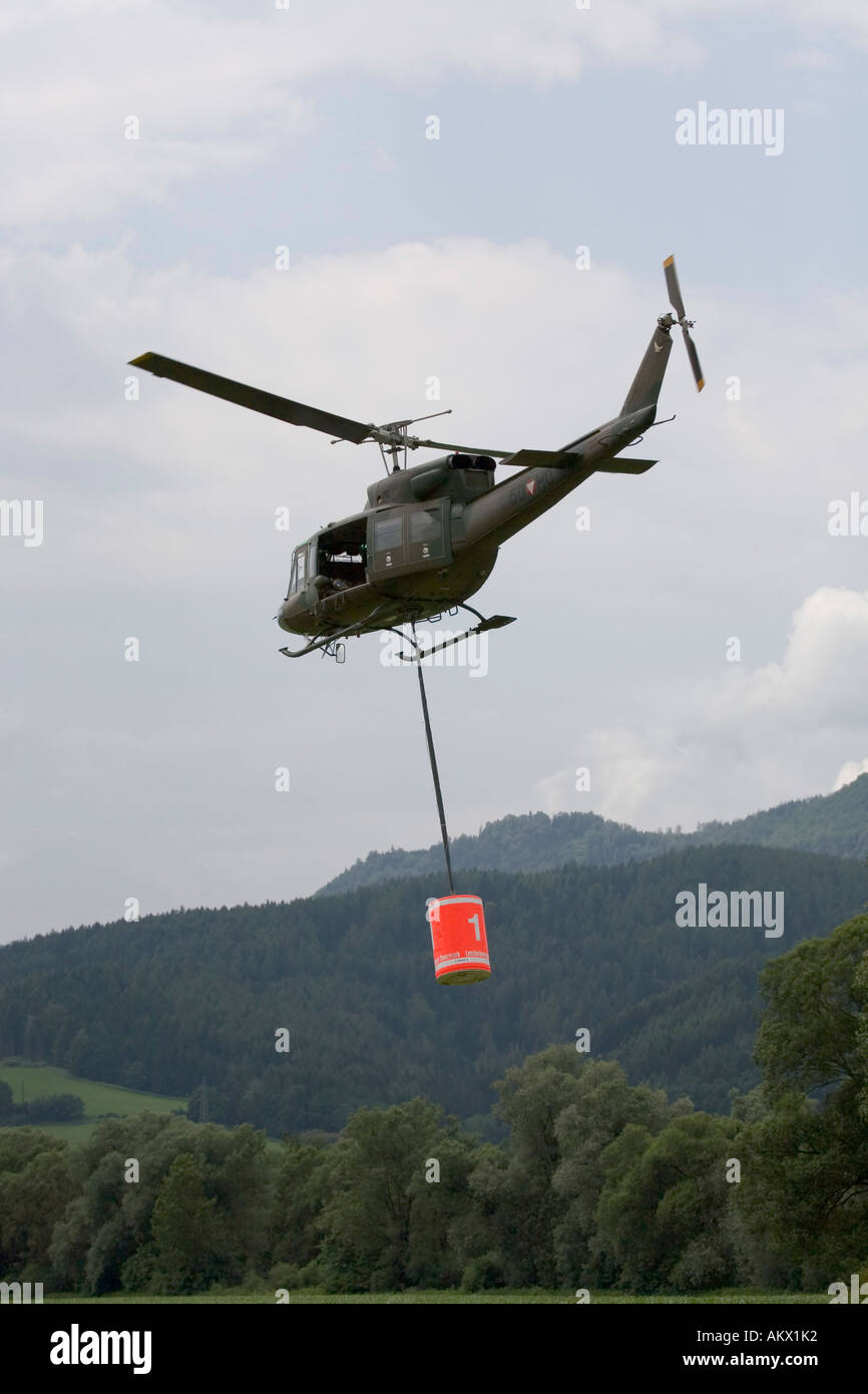 Assistance helicopter Augusta Bell 212 of the Austrian federal army prepares itself for a fire-fighting operation Kapfenberg Stock Photo