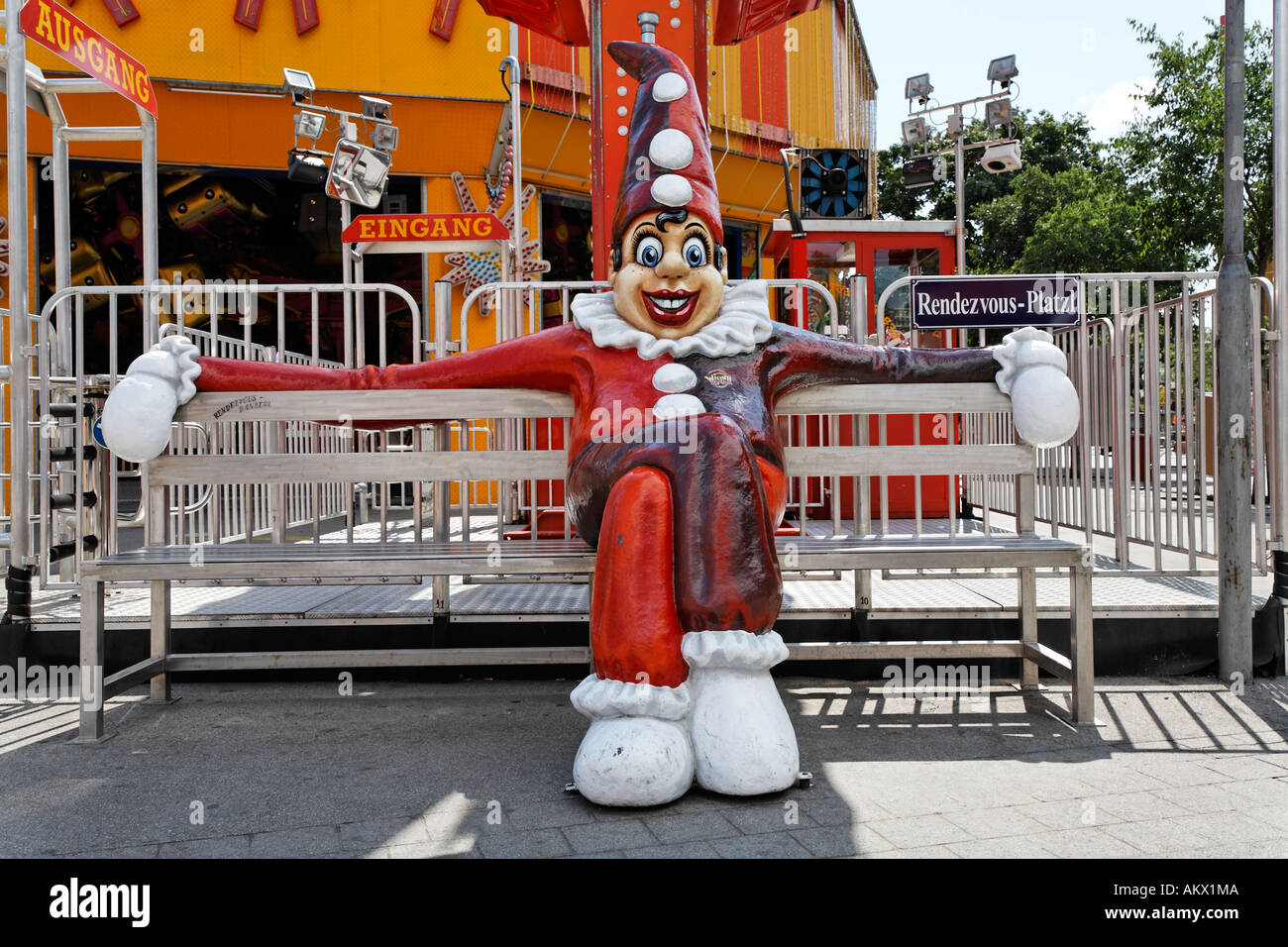 Clown figure sitting at the rendezvous spot in the Prater, Vienna, Austria Stock Photo