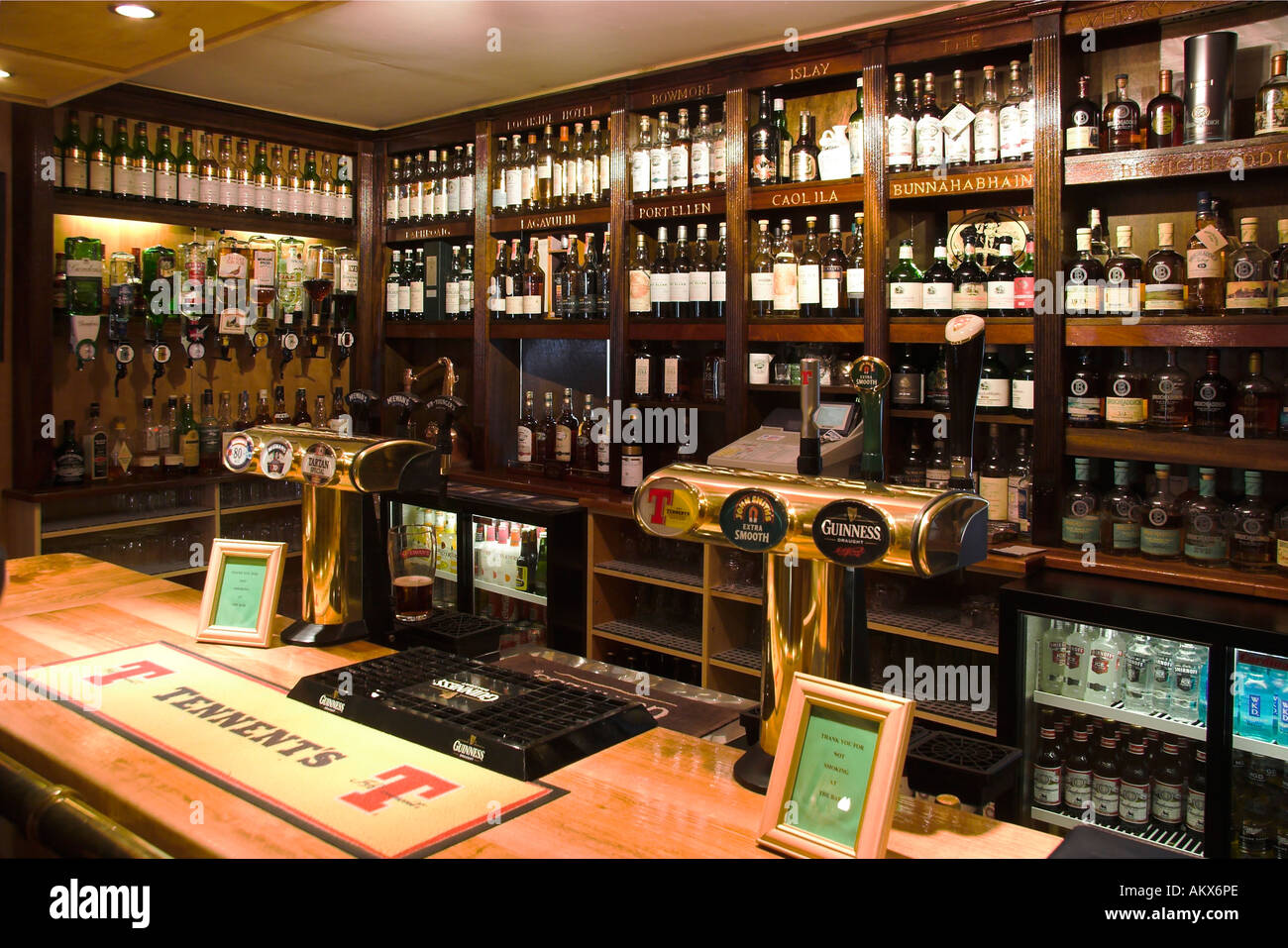 well-stocked: the famous bar at Bowmore hotel, Isle of Islay, Scotland. Stock Photo