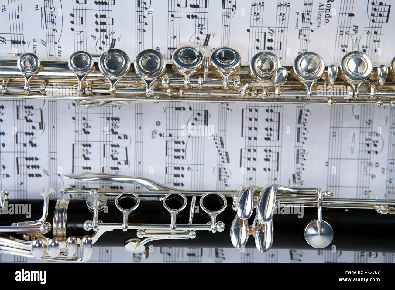 and flute on sheet music Stock Photo Alamy