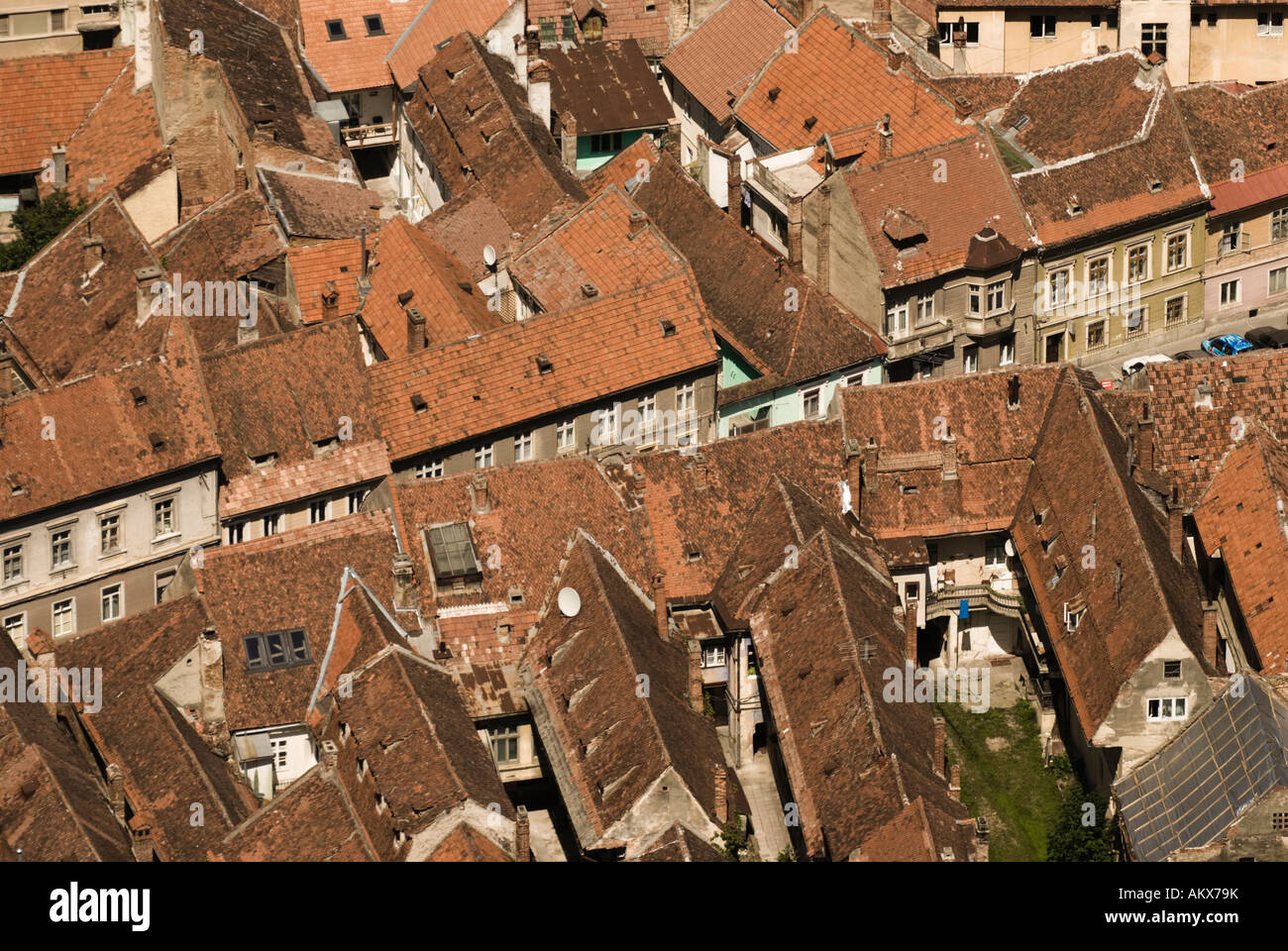 Looking down onto terracotta rooftops in Brasov, Romania Stock Photo