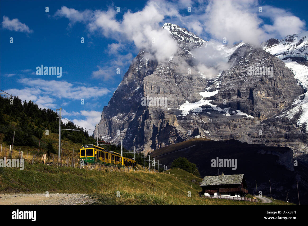 Wengener alp with Eiger mountain and Jungfraubahn railway, Bernese Oberland, highlands, canton of Bern, Switzerland Stock Photo