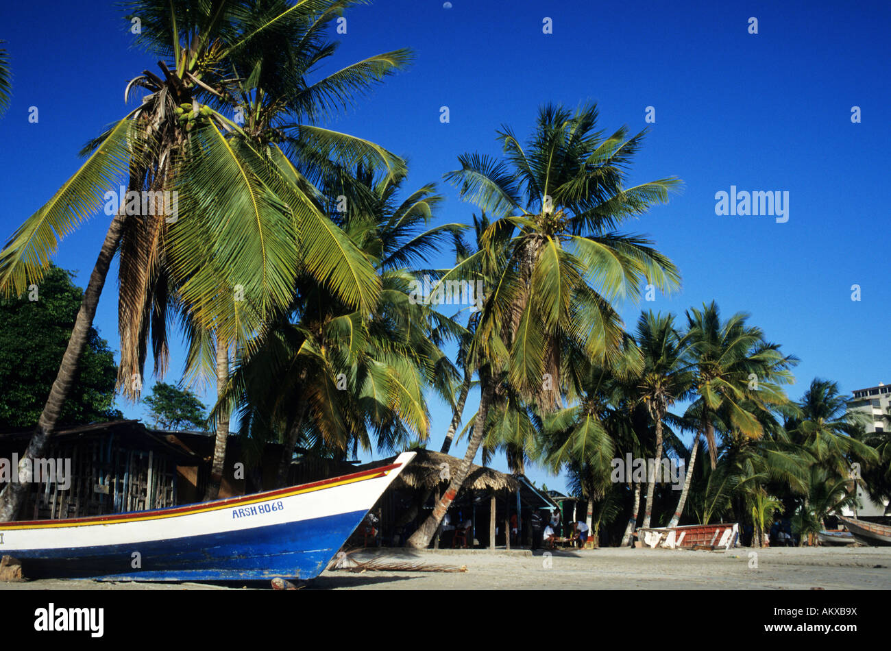 Venezuela, Nueva Esparta State, Margarita Island, Pampatar, fishing boat on the beach Stock Photo