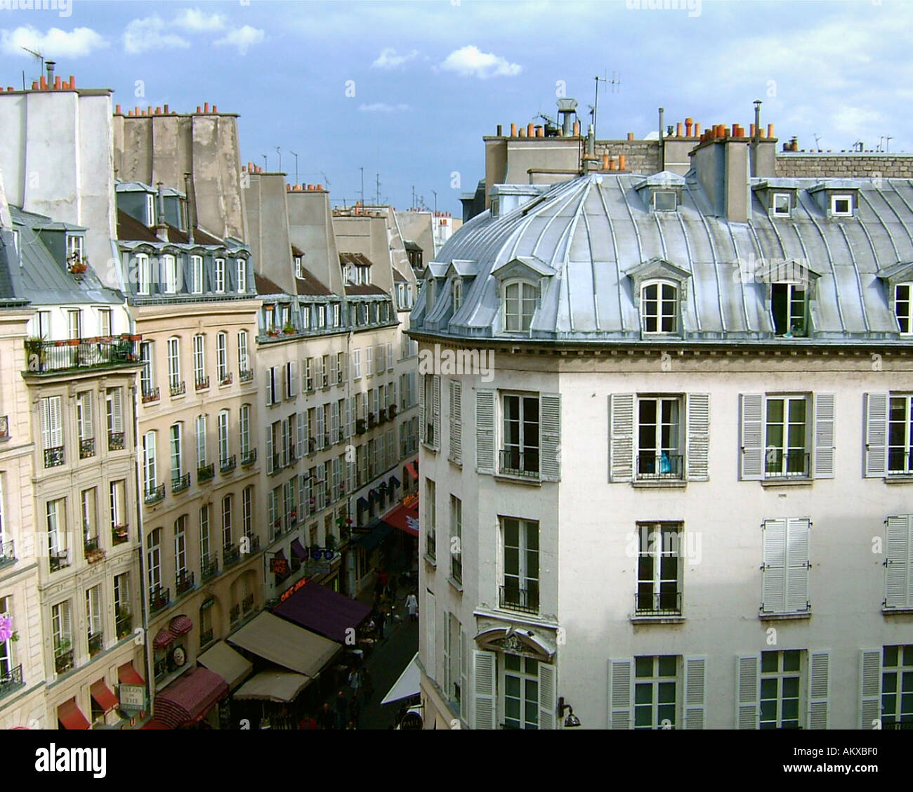 Rooftops of old buildings on the Rue de Buci in the Latin Quarter in Paris France Stock Photo