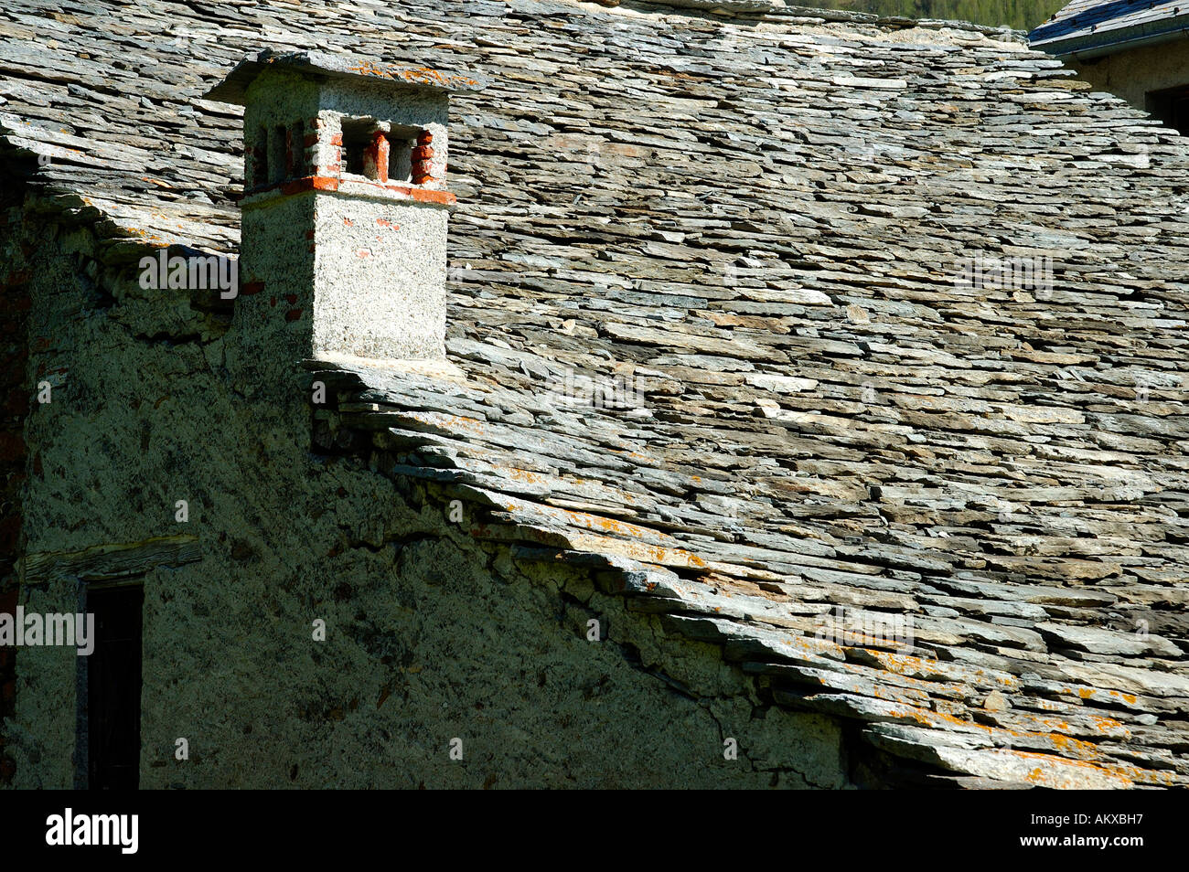 Roof of granite slate of traditional stone houses, Simplon village, Valais, Switzerland Stock Photo