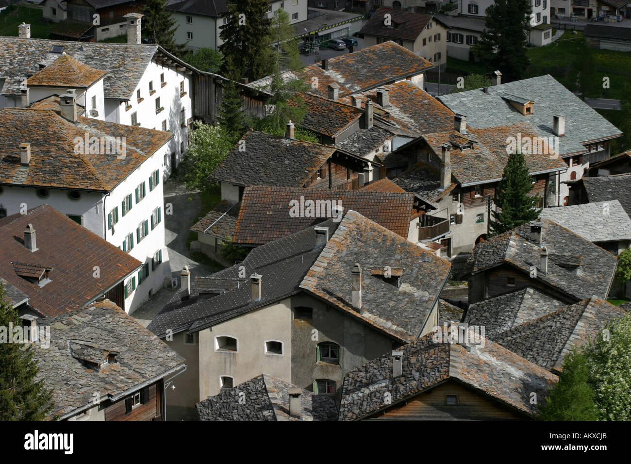 View over the roofs of old Splügen, distinguished with the Wakker price of the Swiss homeland protection organization "Schweize Stock Photo