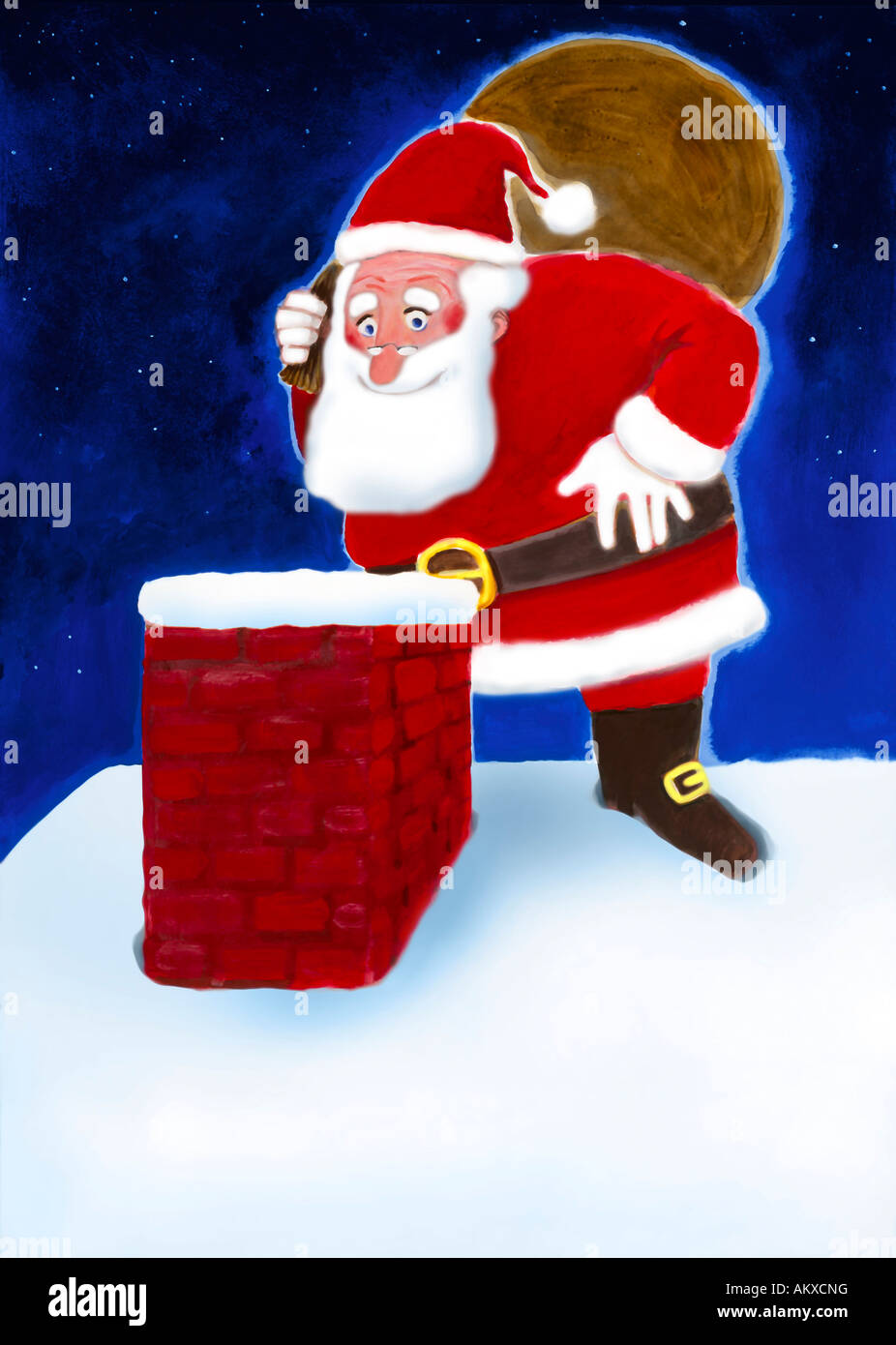 Santa Claus on the roof, looking in the chimney, illustration Stock Photo