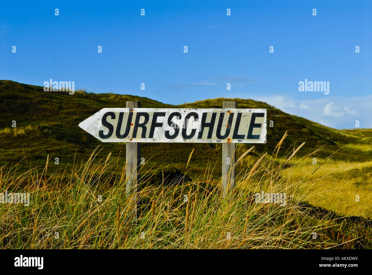 Sign post to a surf school, Sylt, Schleswig-Holstein, Germany Stock Photo