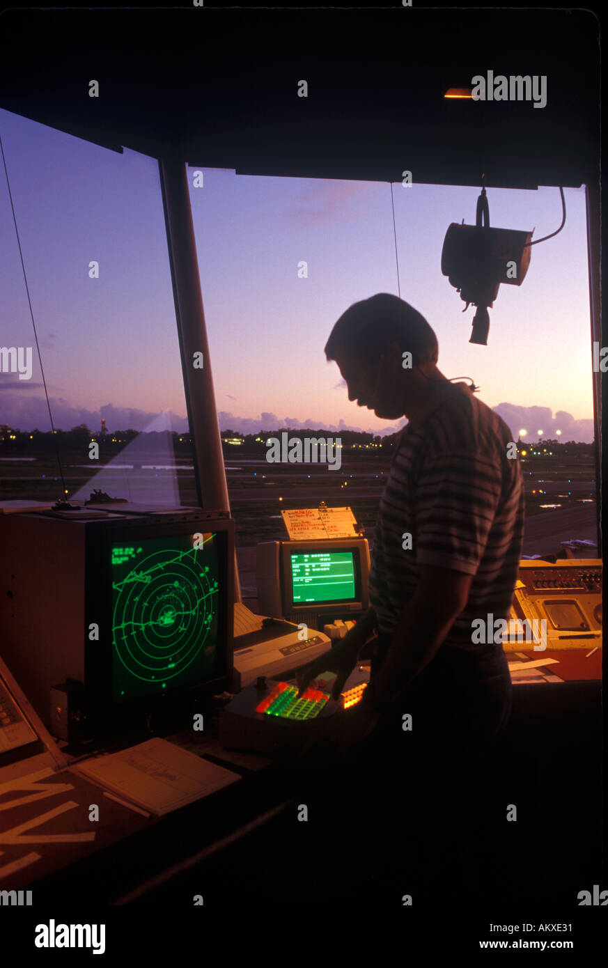 Air traffic controller in control tower Stock Photo