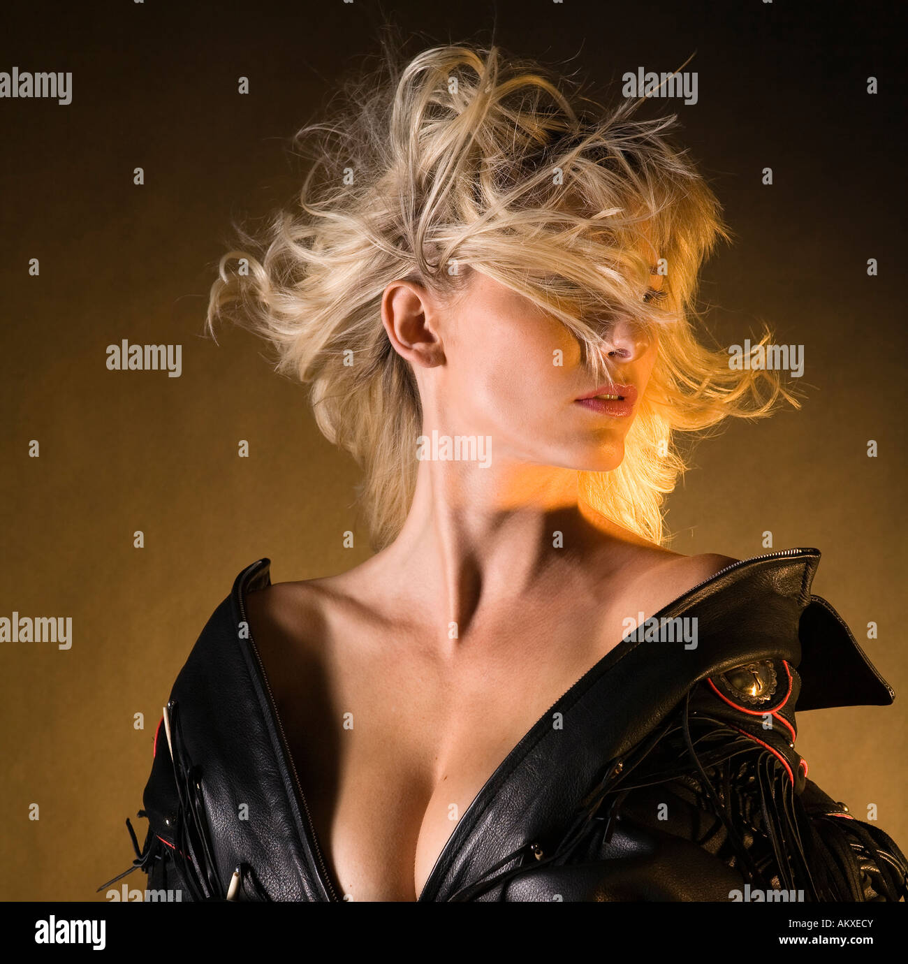 Portrait of a young blond Girl with leather jacket Stock Photo