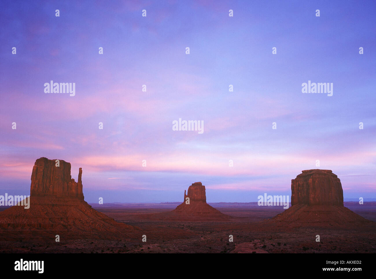 West Mitten Butte East Mitten Butte and Merrick Buttes Monument Valley Navajo Tribal Park Arizona Utah Stock Photo