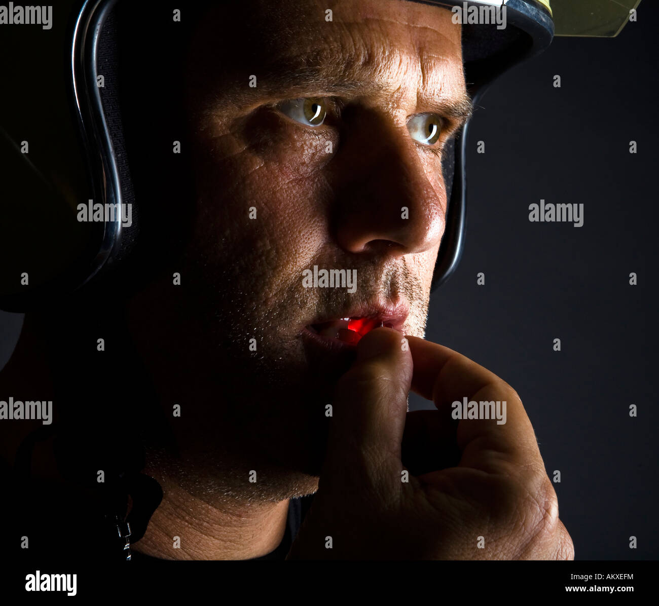 Portait of a man with helmet Stock Photo