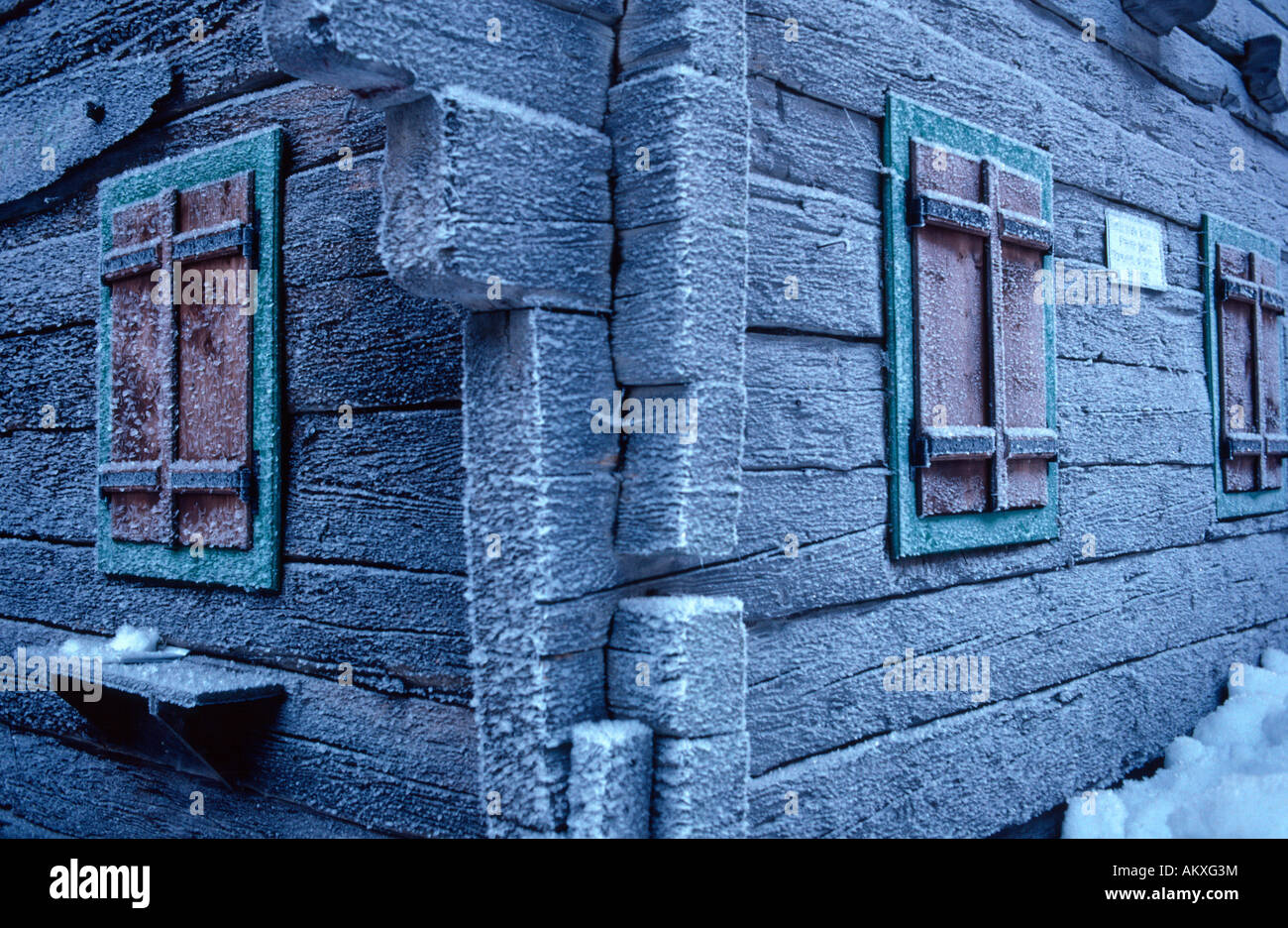 Alpine hut with hoarfrost Stock Photo
