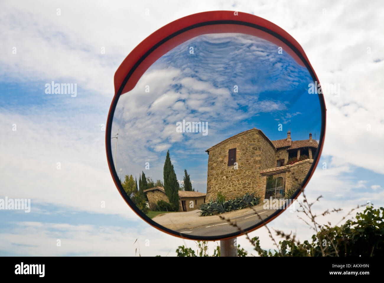Country house in the mirror Montalcino Tuscany Italy Stock Photo