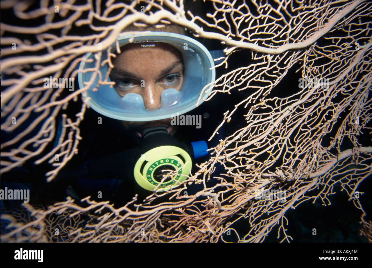 Diver's portraits behind a The diver breaths a gas mixture