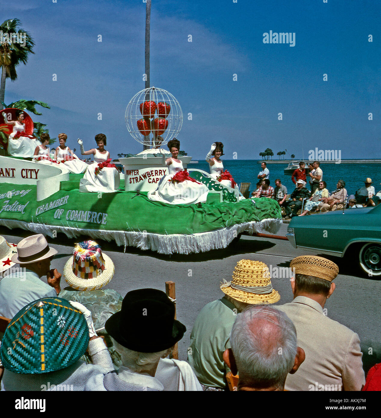 Parade float for Plant City strawberries at the Festival of States St Petersburg Florida USA 1966 Stock Photo