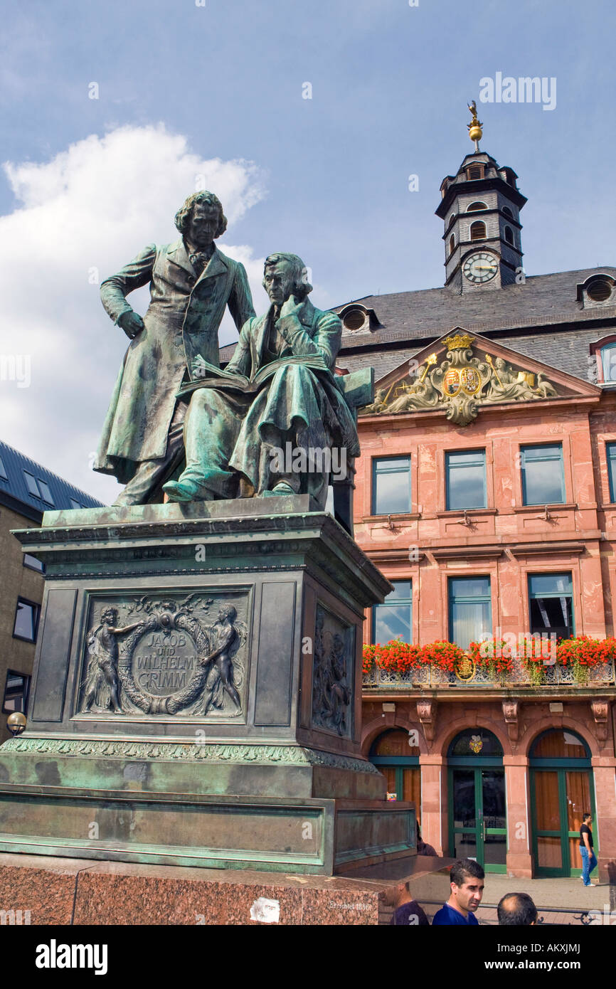 National monument of the Grimm Brothers in front of the Neustaedter town hall, Hanau, Hesse, Germany Stock Photo
