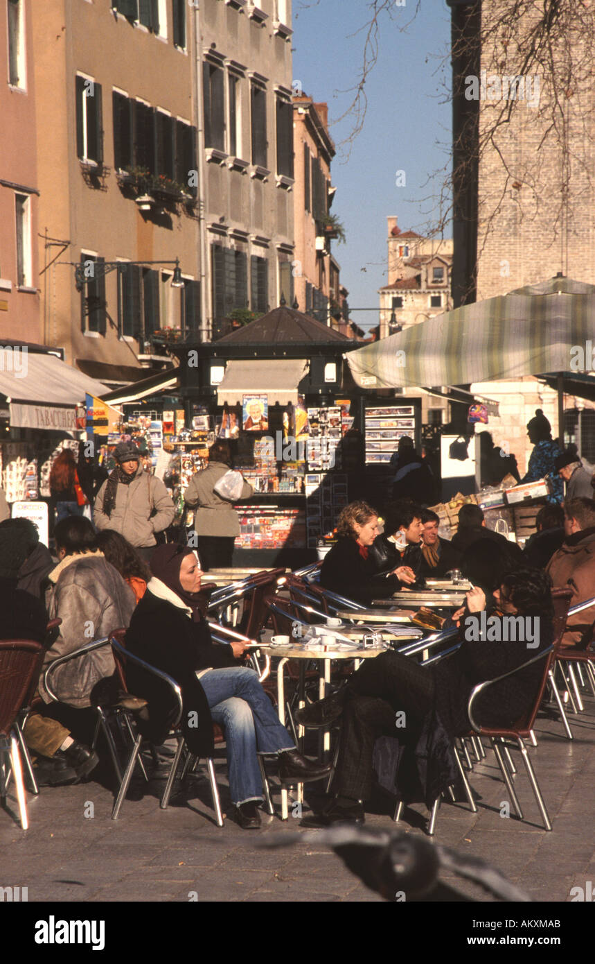 VENICE, ITALY. People enjoying the winter sun on Campo Santa Margherita in Dorsoduro. Stock Photo