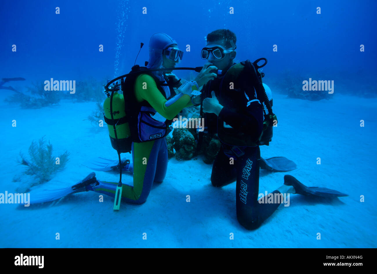 Diving teachers and pupils train the respiration, the Caribbean. Stock Photo
