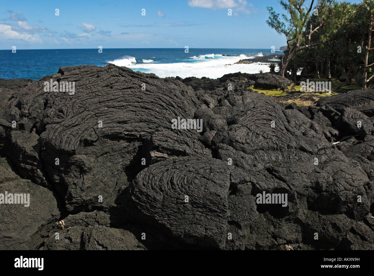 Coast with volcanic rocks in southern La Reunion Island, France, Africa Stock Photo