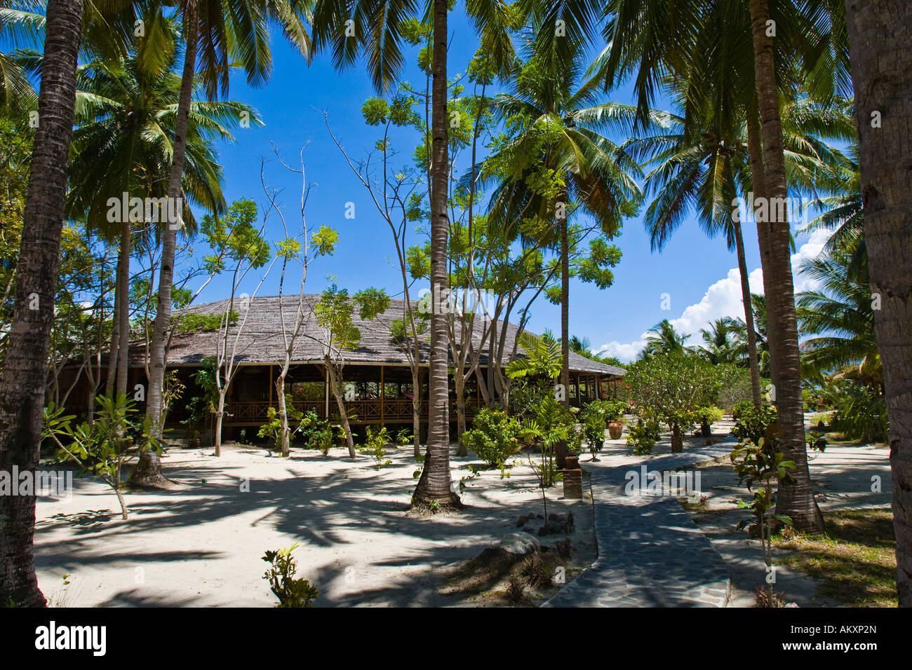 Gangga Island, Lobby, island with a hotel in the north of Sulawesi, Indonesia. Stock Photo