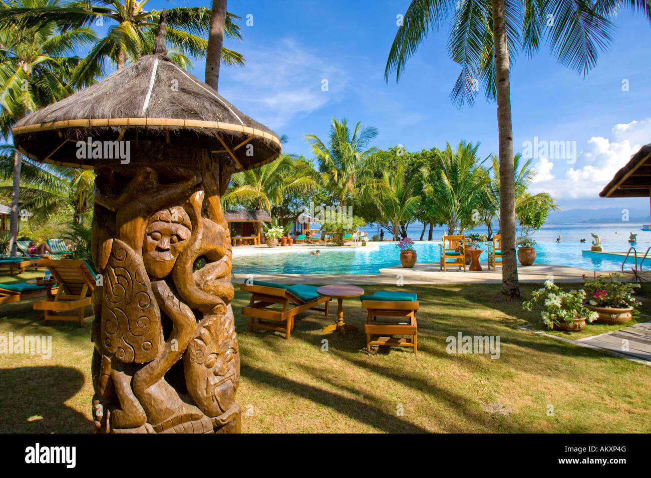 Gangga Island the pool area, island with a hotel in the north of Sulawesi, Indonesia. Stock Photo