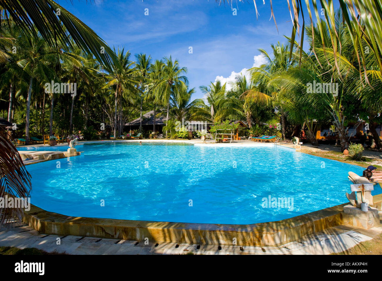 Gangga Island the pool area, island with a hotel in the north of Sulawesi, Indonesia. Stock Photo