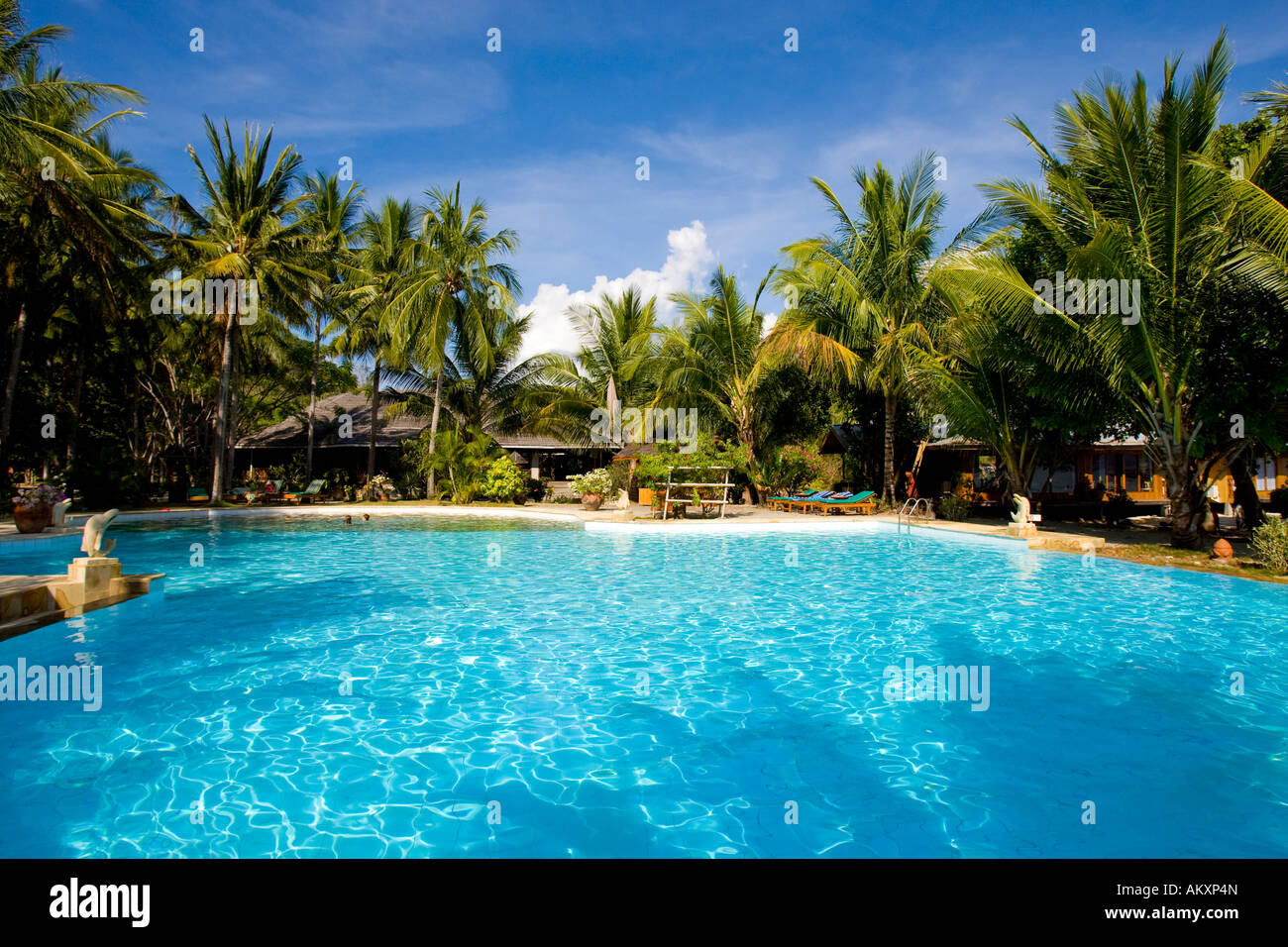 Gangga Island the pool area, island with a hotel in the north of Sulawesi, Indonesia. Stock Photo