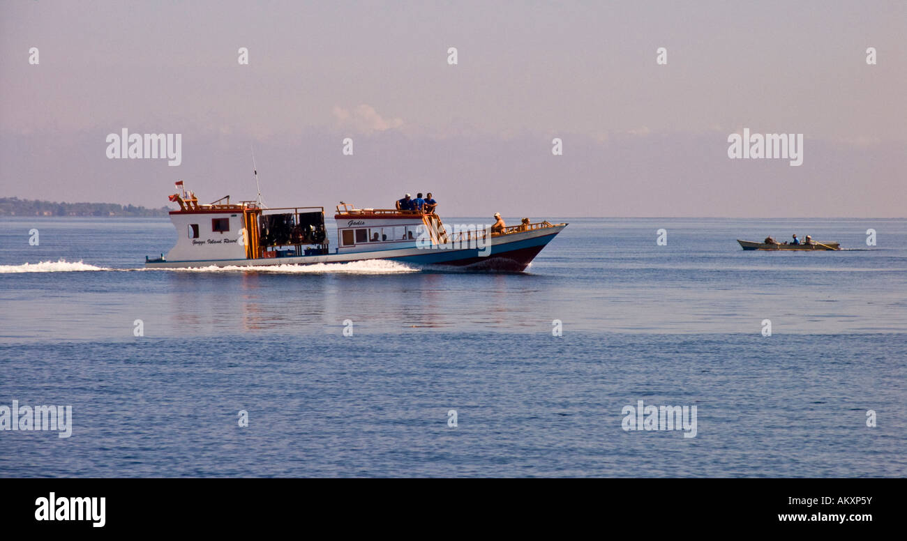 Gangga Island, dive boats, island with a hotel in the north of Sulawesi, Indonesia. Stock Photo