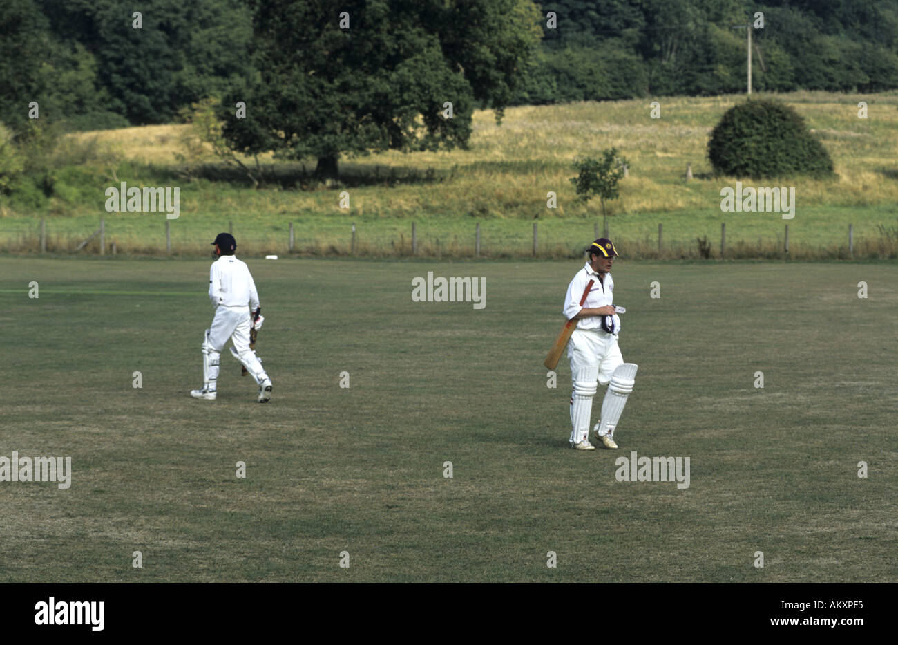 Out batsman coming in and new batsman going out, village cricket at Broadway, Worcestershire, England, UK Stock Photo