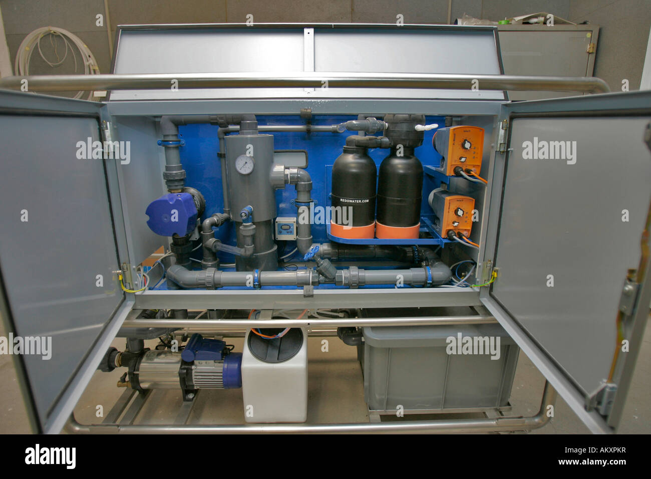 Mobile water purification system, Hessen, Germany. Stock Photo