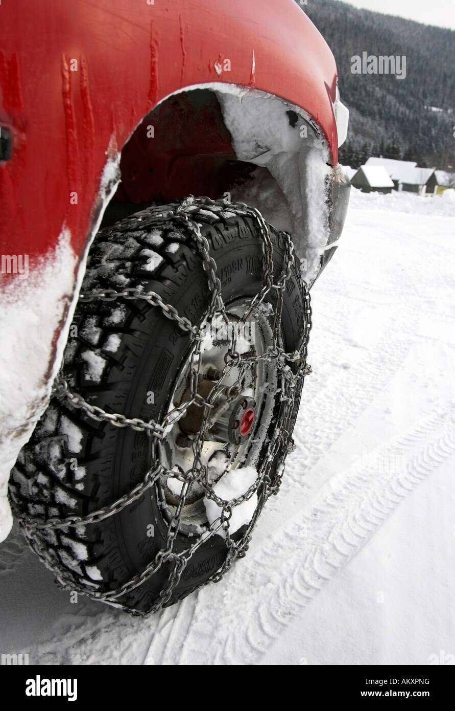 Car with snow chains, Germany Stock Photo Alamy