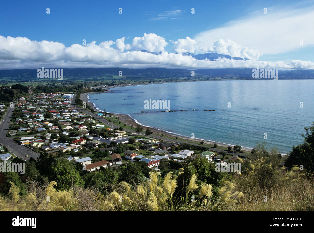 Viewed from above the buildings of the coastal town of Kaikoura with waves lapping at the shore of the curved bay and a band o Stock Photo