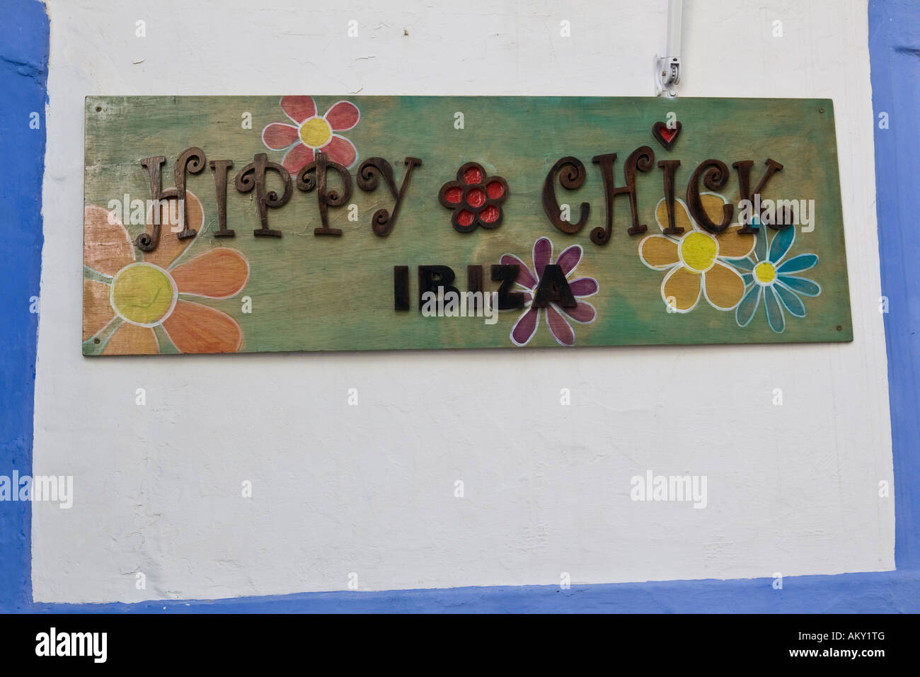 Sign "Hippy Chick" in the old town of Eivissa, Ibiza, Baleares, Spain Stock Photo