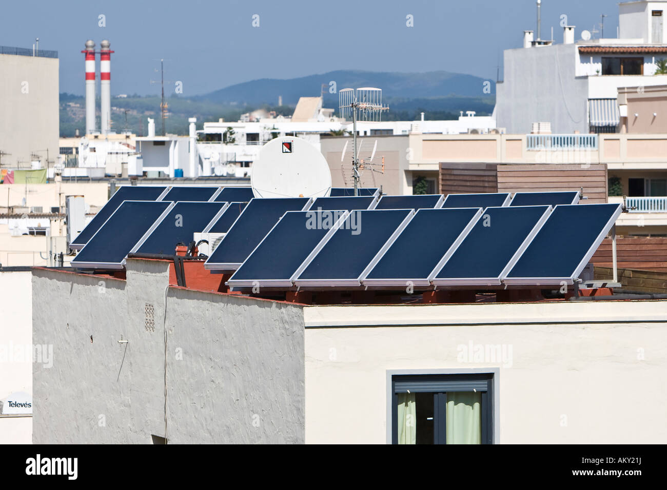 Photovoltaic system on roofs, Eivissa, old part of town, Ibiza, Balearic Islands, Spain Stock Photo