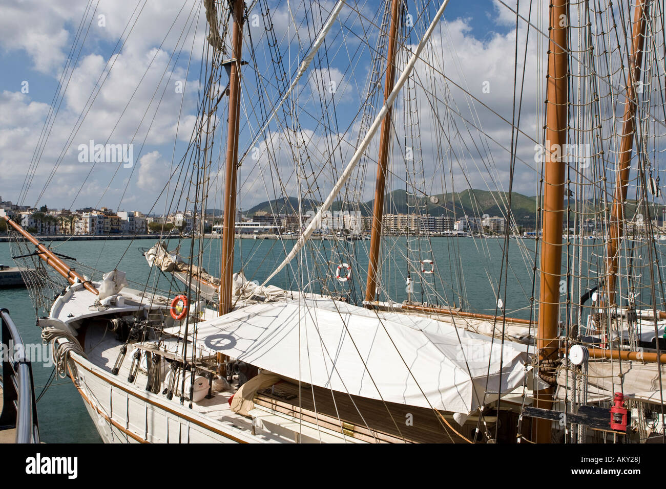 Two historical sailing ships with extensive rigging in the harbour of Eivissa, Ibiza, Baleares, Spain Stock Photo