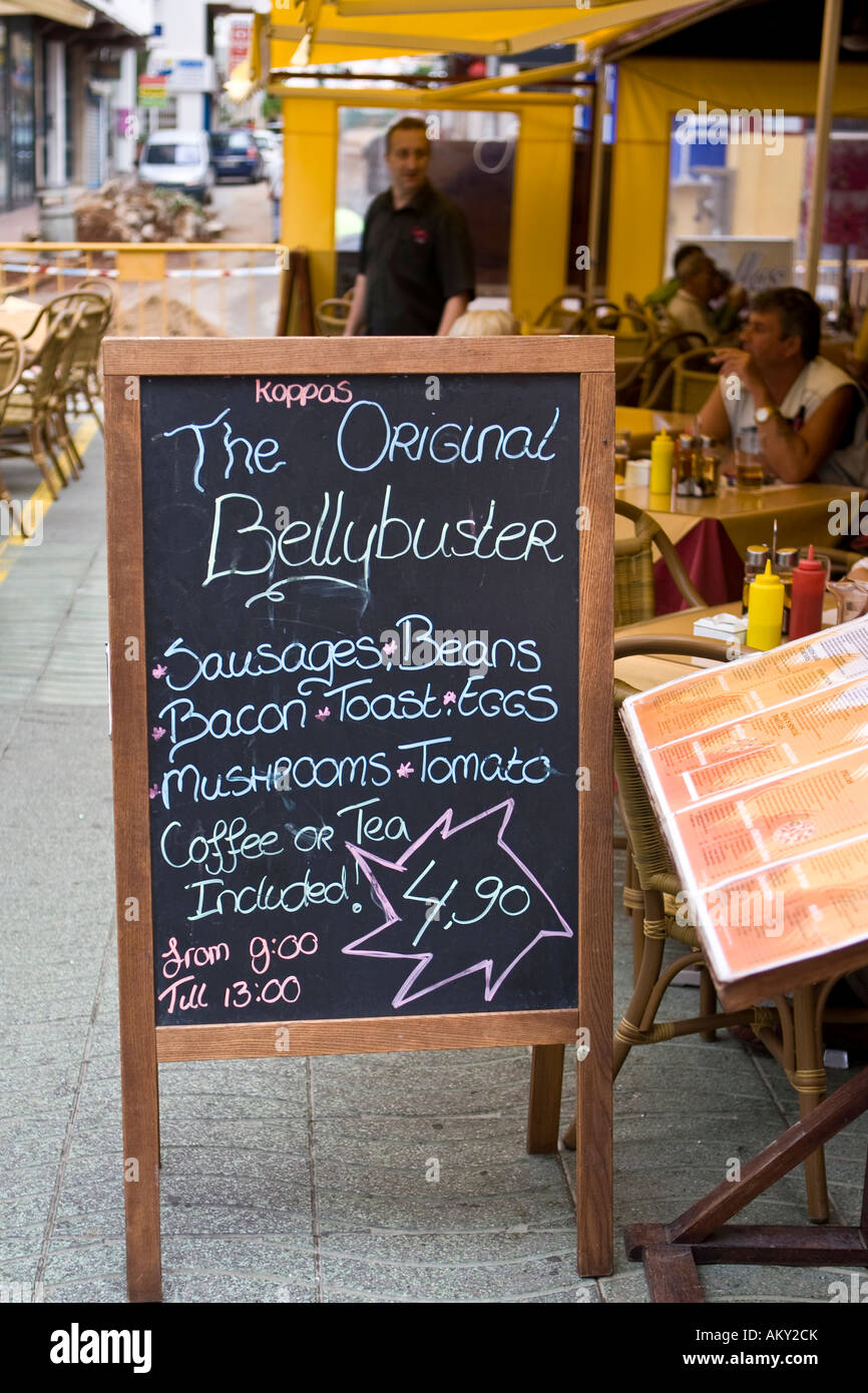 Restaurant sign promoting english breakfast, Ibiza, Baleares, Spain Stock Photo