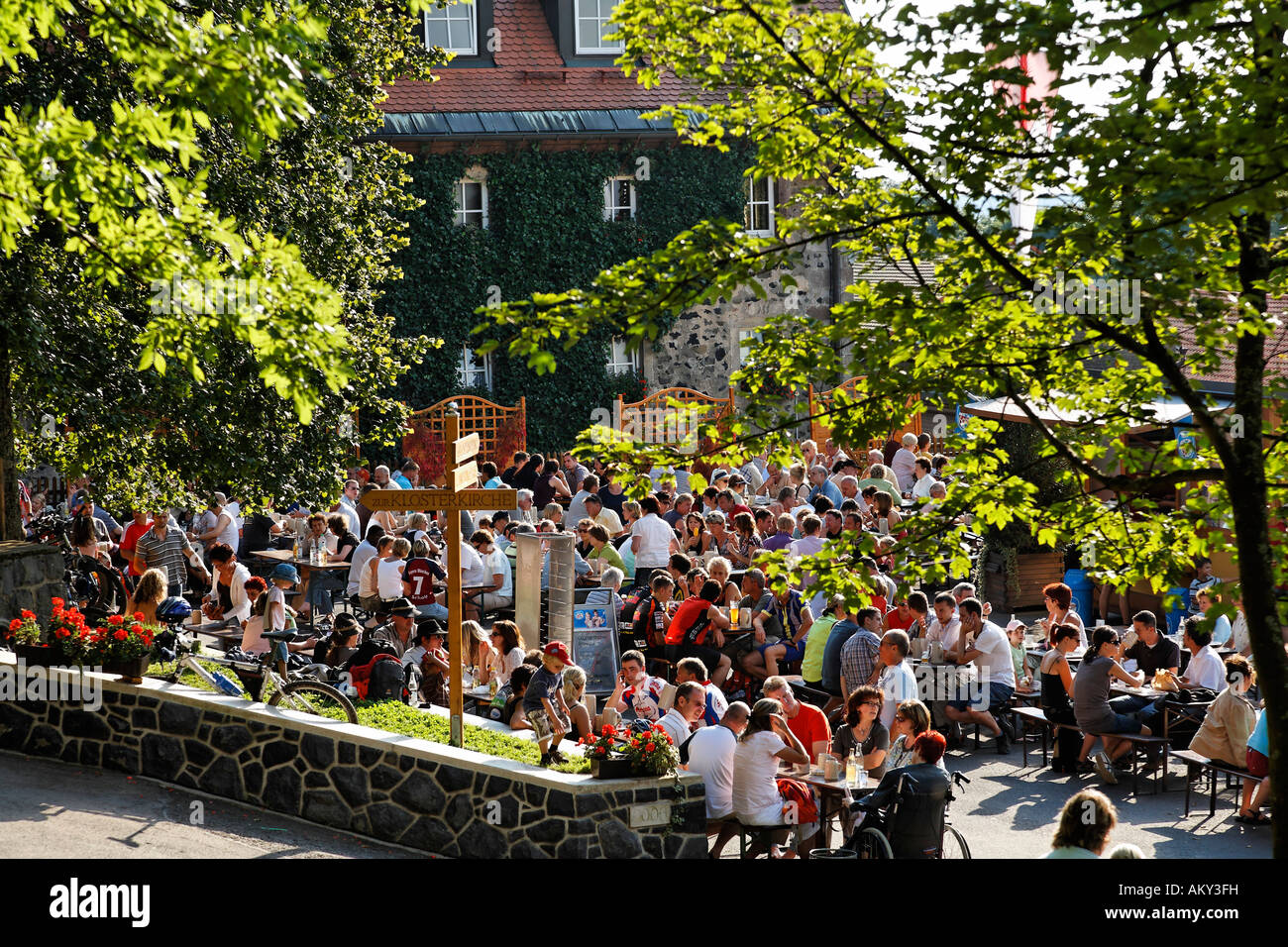 Beer garden, Kreuzberg mountain, Rhoen, Franconia, Bavaria, Germany Stock Photo