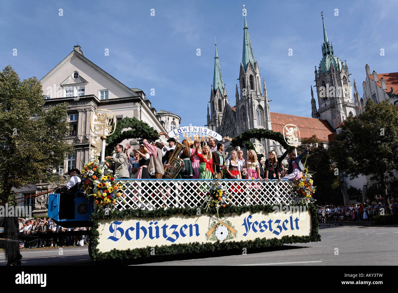 Traditional opening parade, Oktoberfest, St Paul church, Munich beer festival, Bavaria, Germany Stock Photo