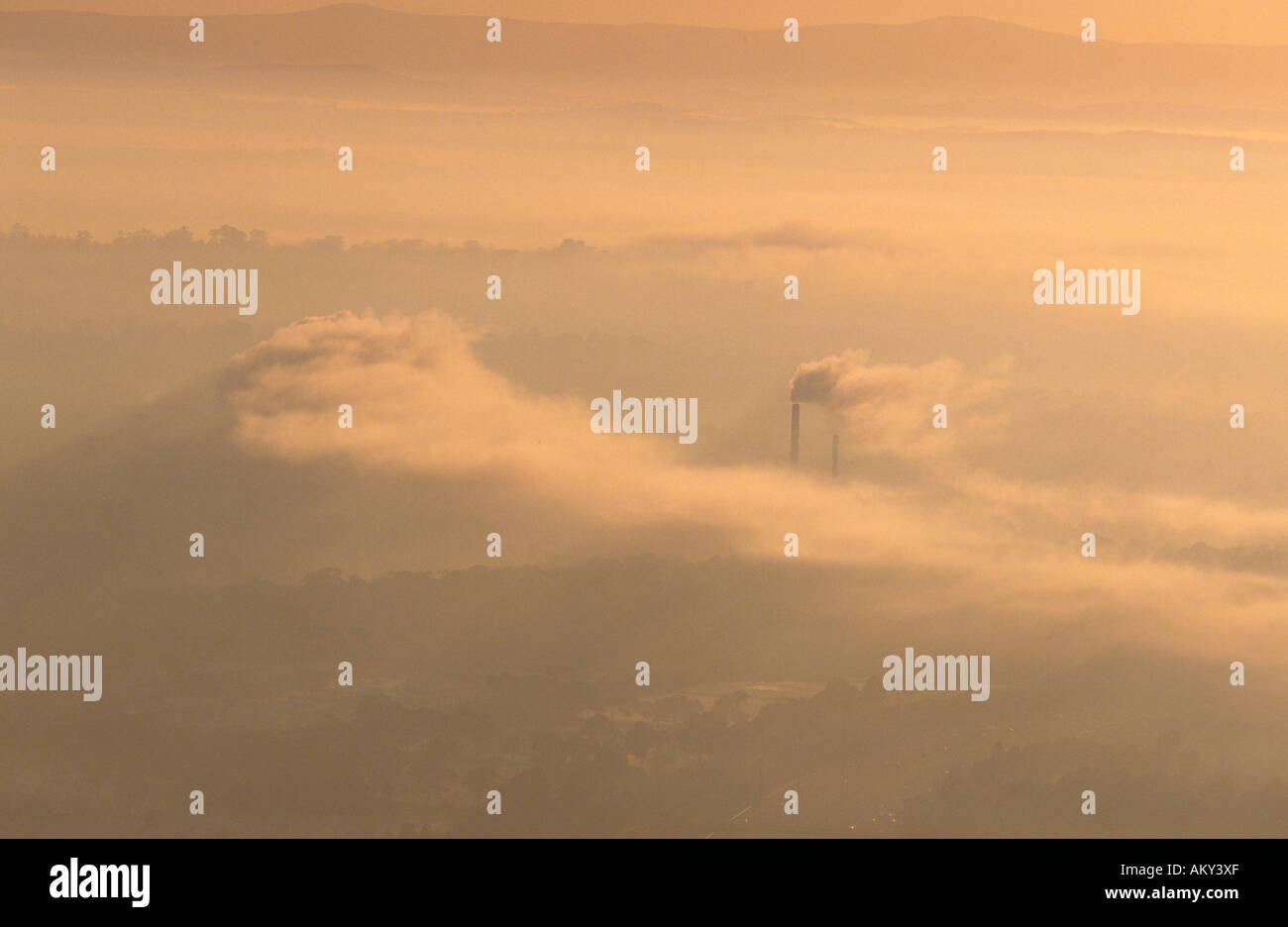 Temperature inversion traps fog and smog on winter morning, , ,  ,  Victoria, Australia, horizontal, Stock Photo