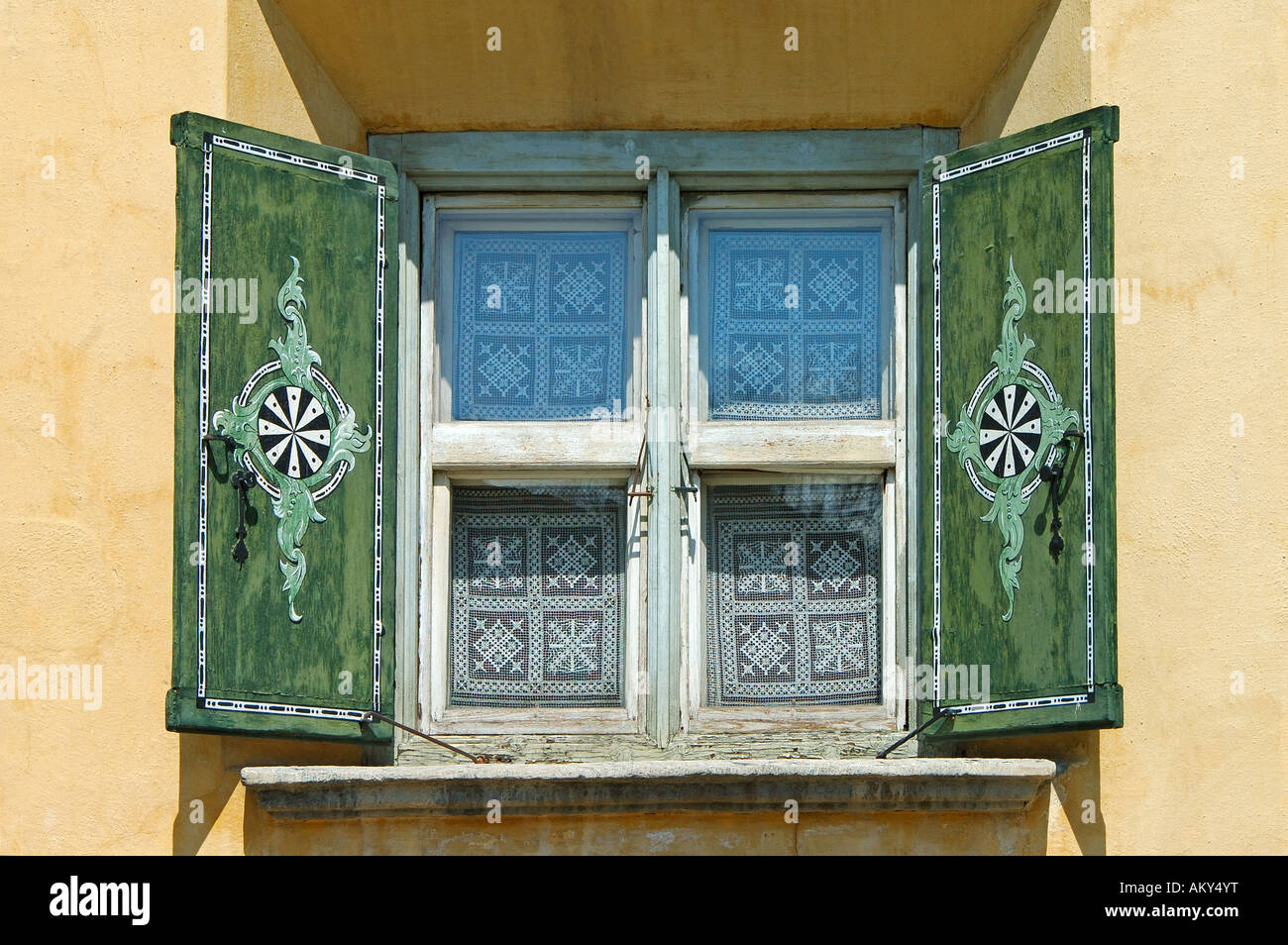Windows of a typical Engadine house, Engadin, Switzerland Stock Photo