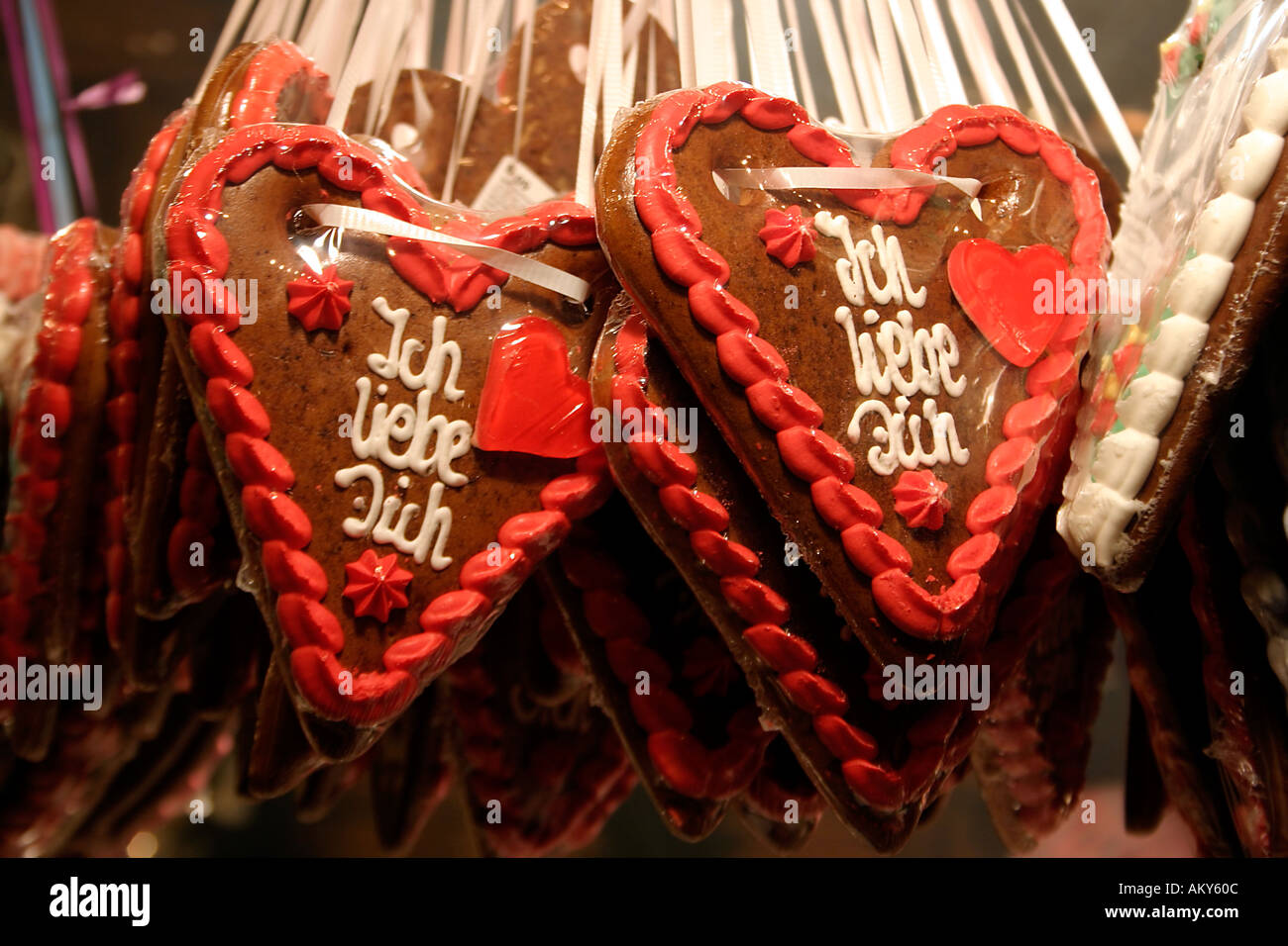 Ich Libe Dich Lebkuchen Gingerbread Hearts at Christmas market stall Cologne Germany Stock Photo