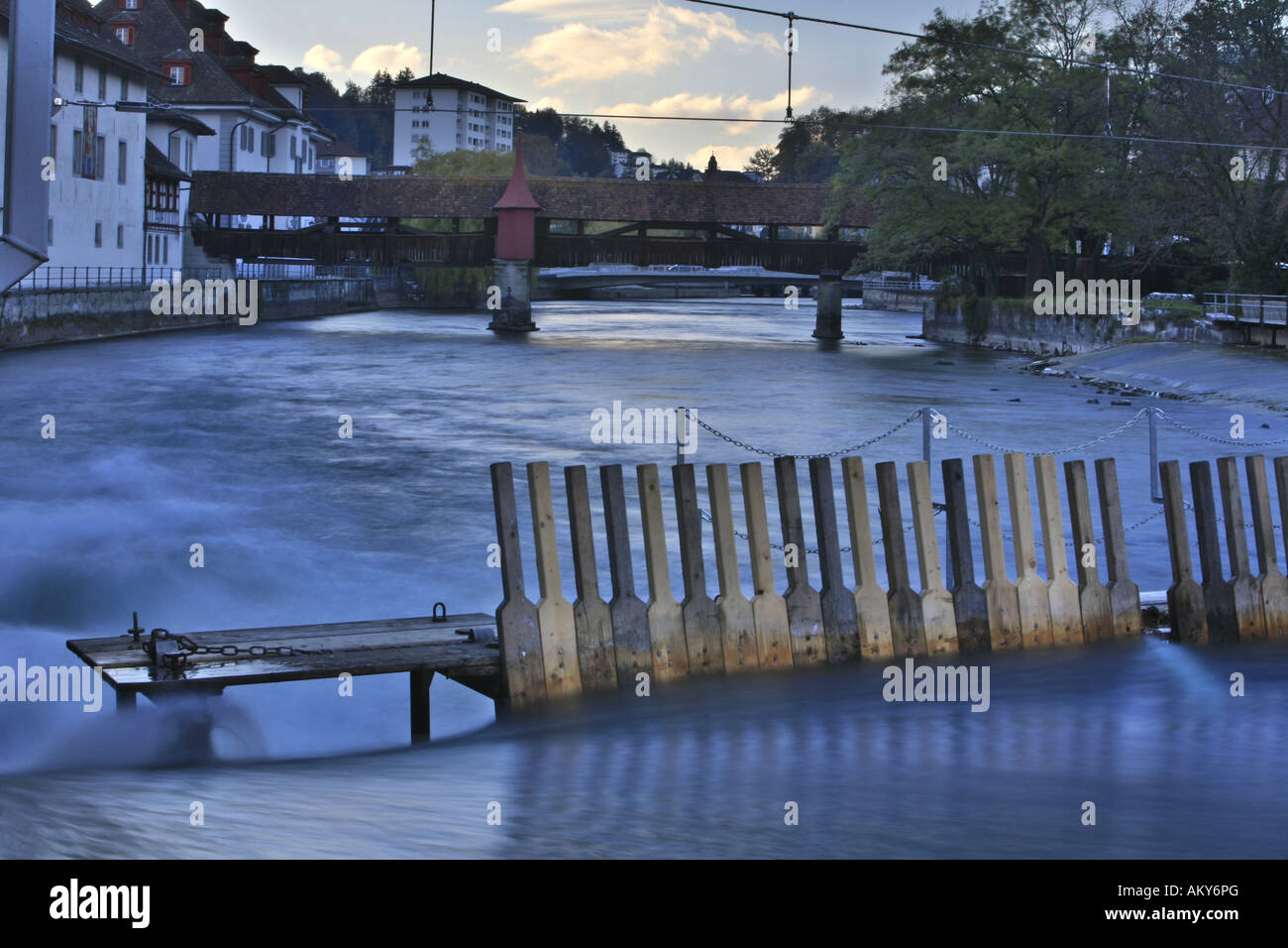 Historic needle weir on the Reuss River, Lucerne, Switzerland Stock Photo