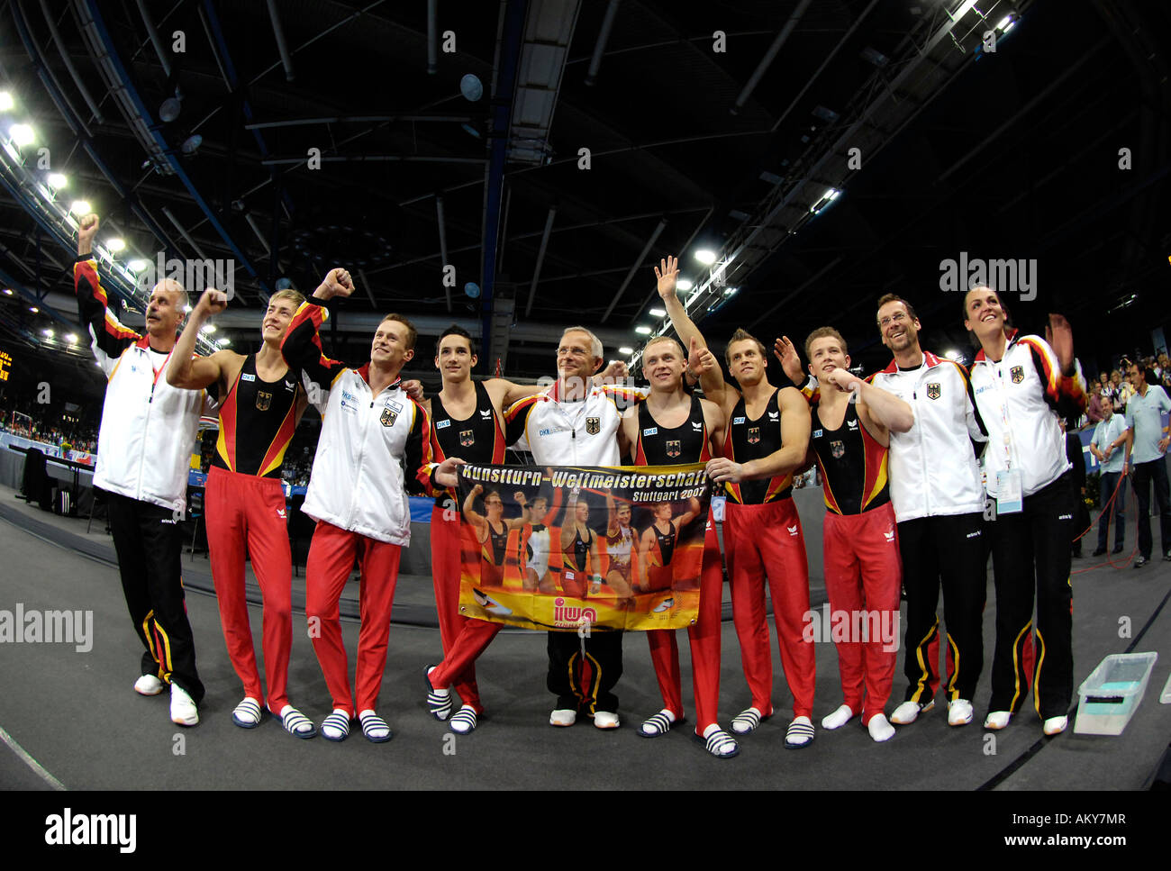 German Gymnast Team Men celebrating qualification for Olympics 2008 Artistic Gymnastics World Championships Stuttgart 2007 Germ Stock Photo