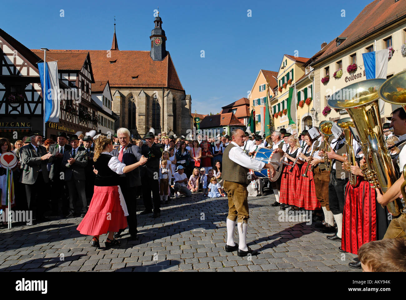 Parade with traditional costumes Marktplatz market square Feuchtwangen Middle Franconia Bavaria Germany Stock Photo